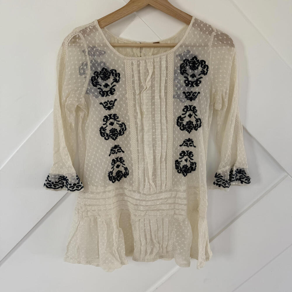 Free People Sheer Cream Lace Blouse with Black Embroidered Accents